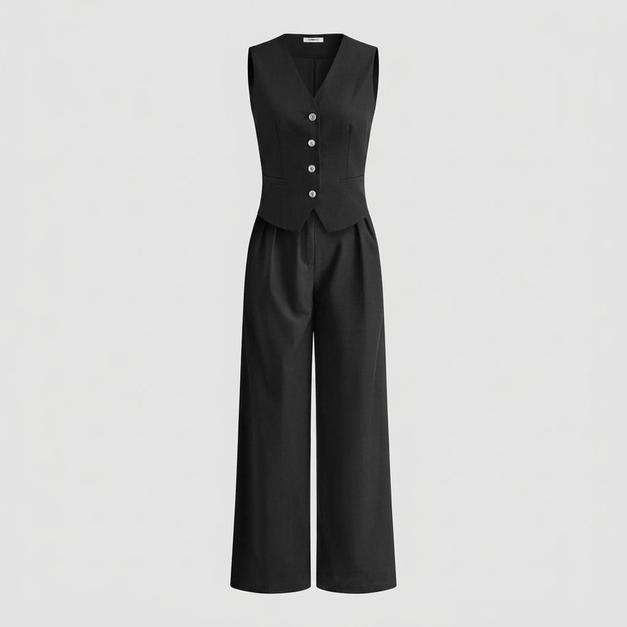Damen-Set aus Weste mit Knopfleiste und Hose mit weitem Bein