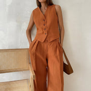 Damen-Set aus Weste mit Knopfleiste und Hose mit weitem Bein