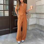Damen-Set aus Weste mit Knopfleiste und Hose mit weitem Bein