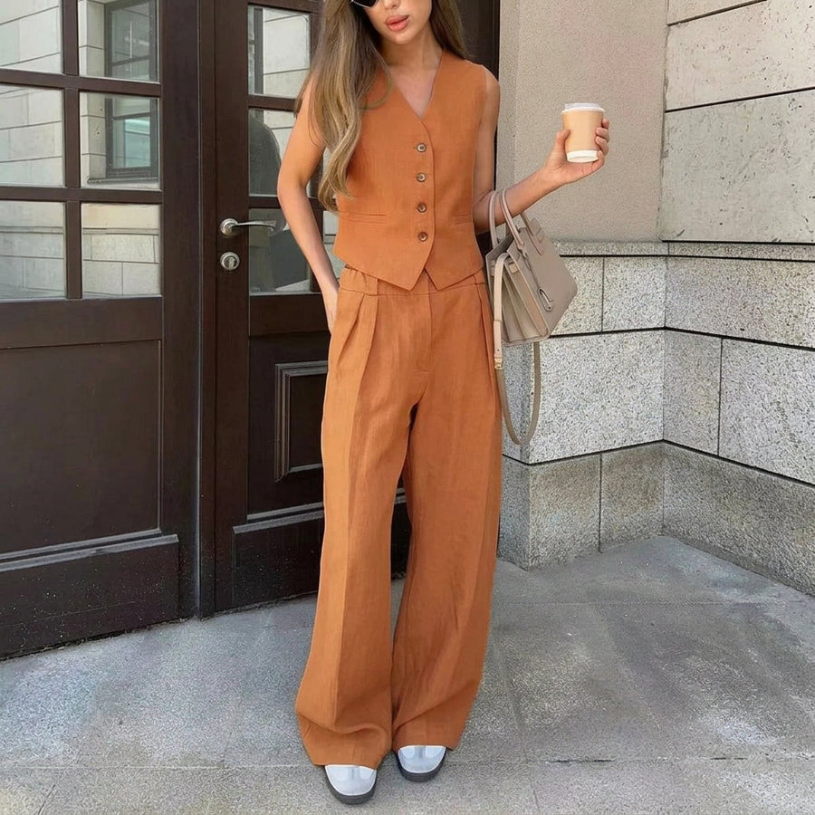 Damen-Set aus Weste mit Knopfleiste und Hose mit weitem Bein