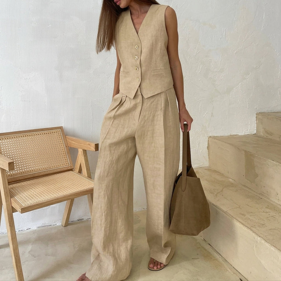 Damen-Set aus Weste mit Knopfleiste und Hose mit weitem Bein
