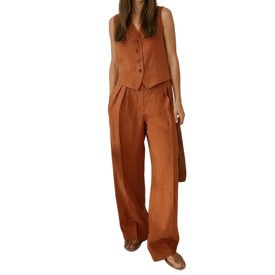 Damen-Set aus Weste mit Knopfleiste und Hose mit weitem Bein