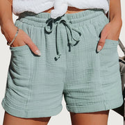 Damen Shorts mit elastischem Bund und Kordelzug sowie aufgesetzten Taschen und umgeschlagenen Säumen