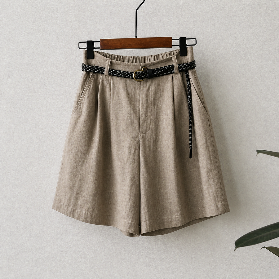 Damen Shorts mit hohem Bund, Falten, Gürtelschlaufen und Seitentaschen