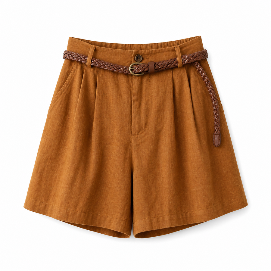 Damen Shorts mit hohem Bund, Falten, Gürtelschlaufen und Seitentaschen