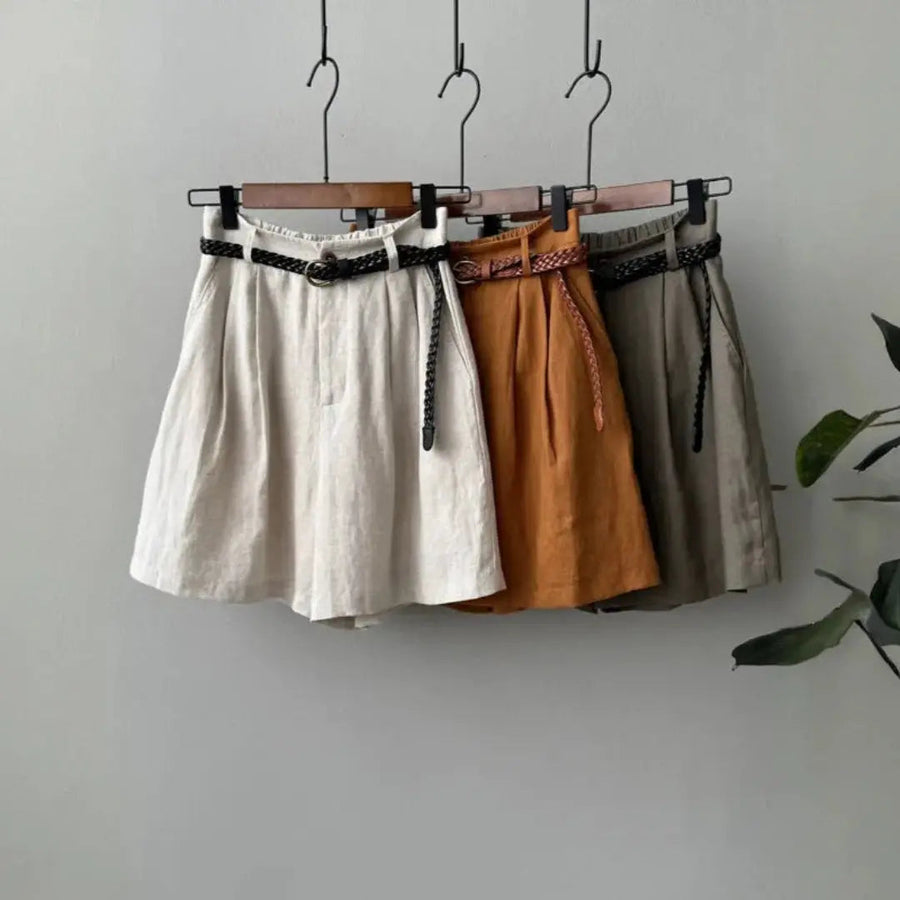 Damen Shorts mit hohem Bund, Falten, Gürtelschlaufen und Seitentaschen