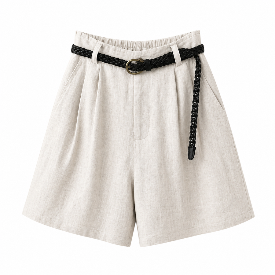Damen Shorts mit hohem Bund, Falten, Gürtelschlaufen und Seitentaschen