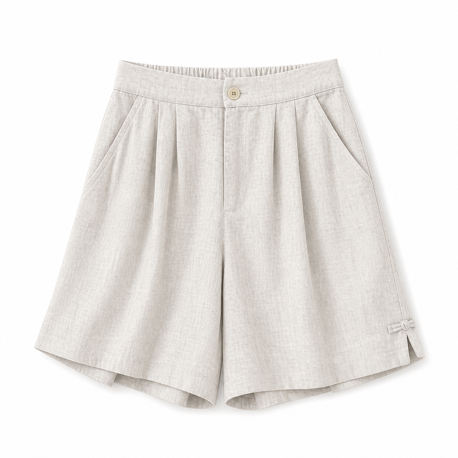 Damen Shorts mit hohem Bund, Knopfverschluss, Falten und Seitentaschen
