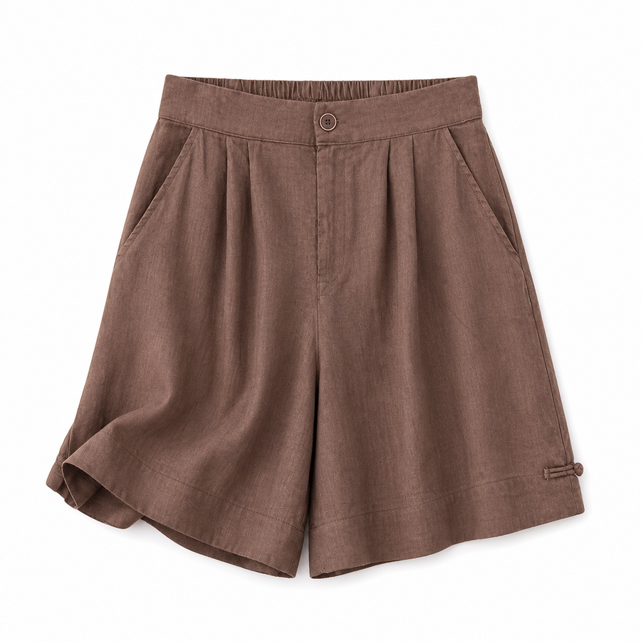 Damen Shorts mit hohem Bund, Knopfverschluss, Falten und Seitentaschen