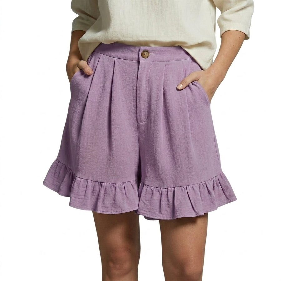 Damen Shorts mit hohem Bund und Falten und Volantsaum und Knopfverschluss