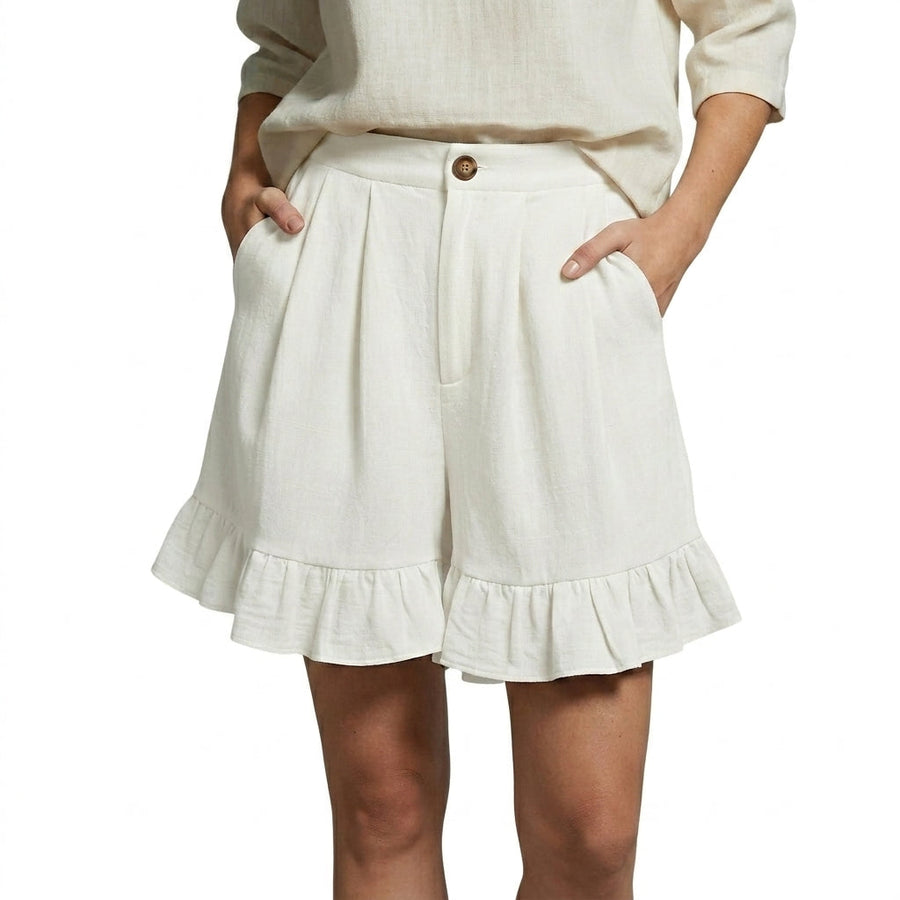 Damen Shorts mit hohem Bund und Falten und Volantsaum und Knopfverschluss