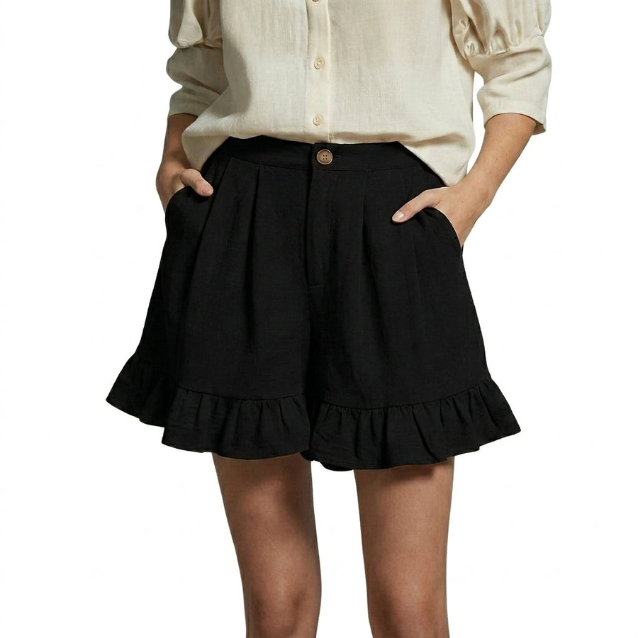 Damen Shorts mit hohem Bund und Falten und Volantsaum und Knopfverschluss
