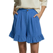Damen Shorts mit hohem Bund und Falten und Volantsaum und Knopfverschluss
