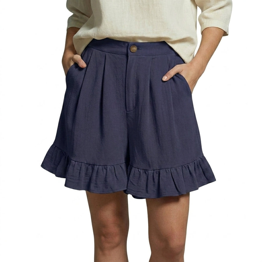 Damen Shorts mit hohem Bund und Falten und Volantsaum und Knopfverschluss