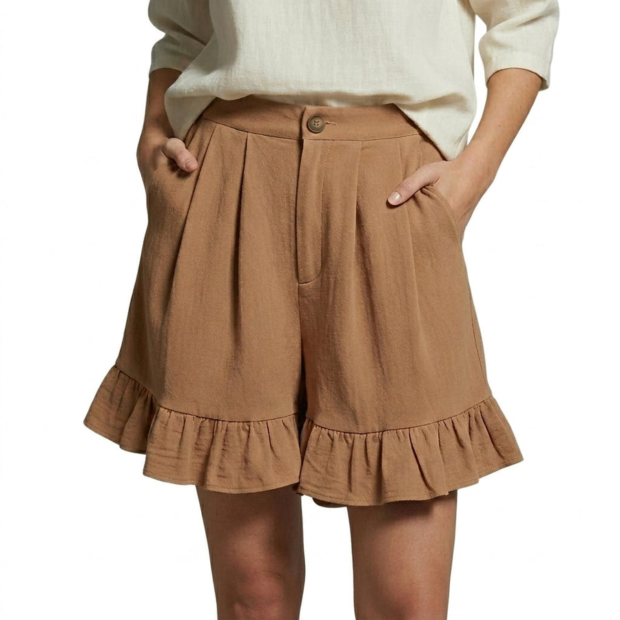 Damen Shorts mit hohem Bund und Falten und Volantsaum und Knopfverschluss