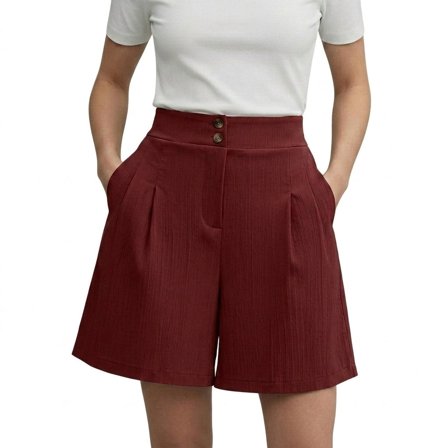 Damen Shorts mit hohem Bund und weitem Bein sowie Falten und zwei Knöpfen