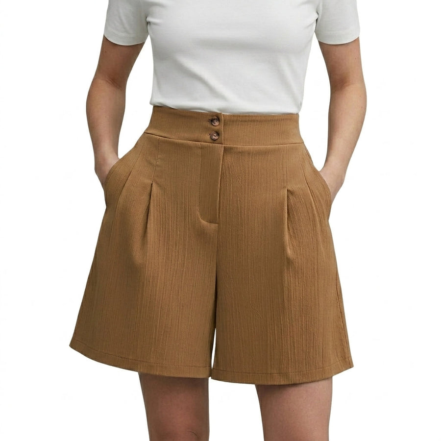 Damen Shorts mit hohem Bund und weitem Bein sowie Falten und zwei Knöpfen