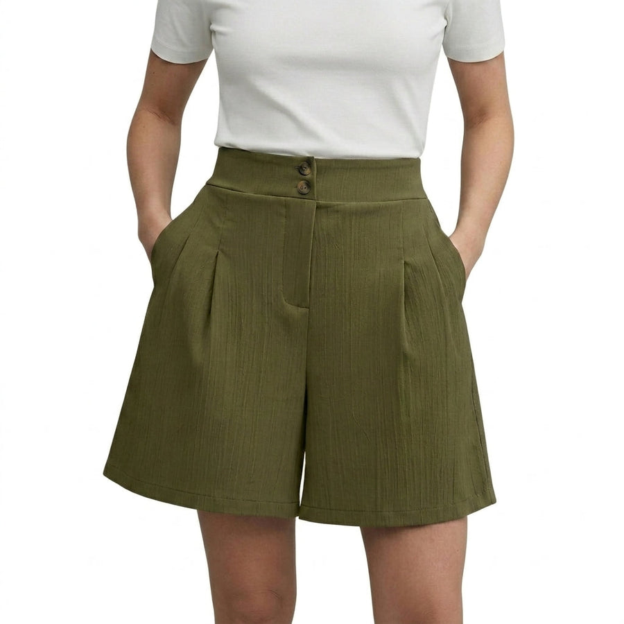 Damen Shorts mit hohem Bund und weitem Bein sowie Falten und zwei Knöpfen