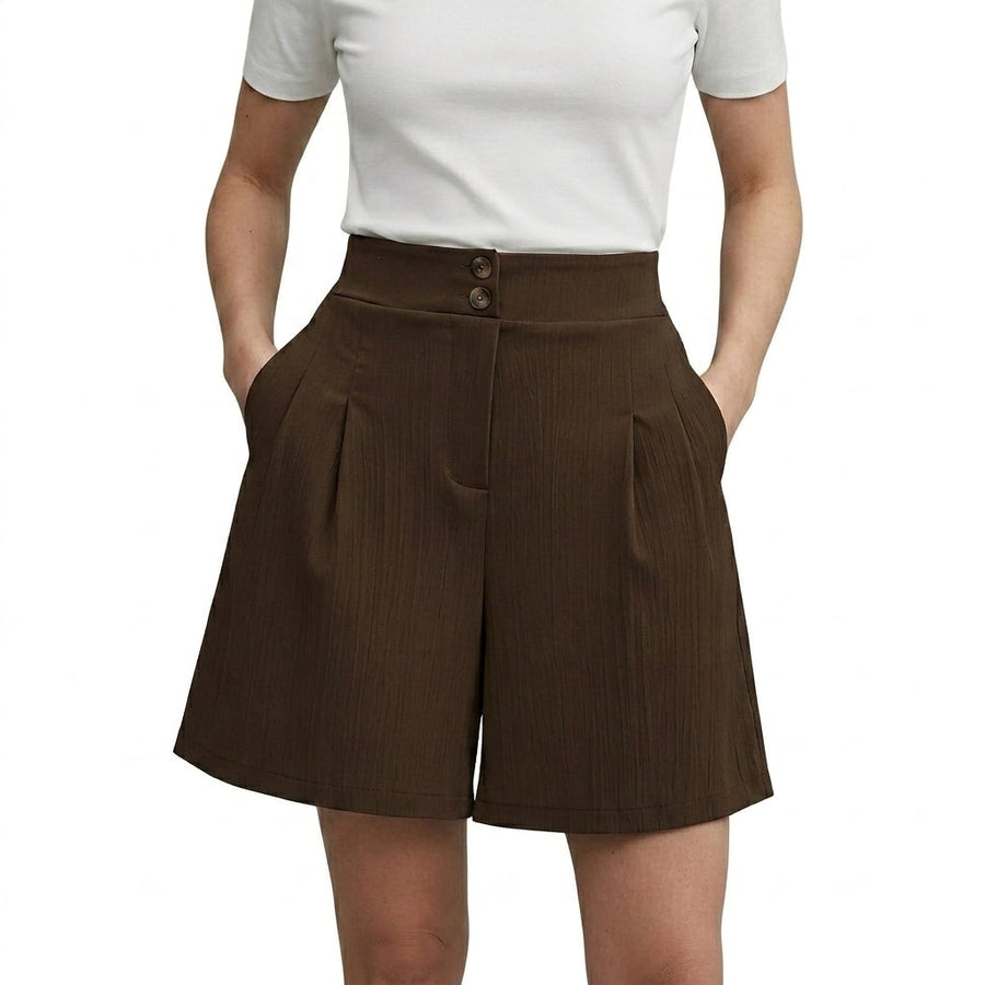 Damen Shorts mit hohem Bund und weitem Bein sowie Falten und zwei Knöpfen