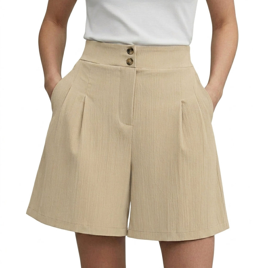 Damen Shorts mit hohem Bund und weitem Bein sowie Falten und zwei Knöpfen