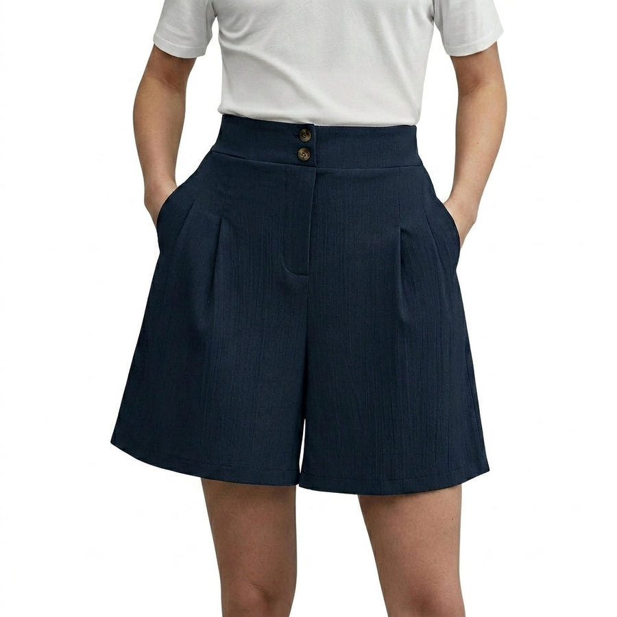 Damen Shorts mit hohem Bund und weitem Bein sowie Falten und zwei Knöpfen