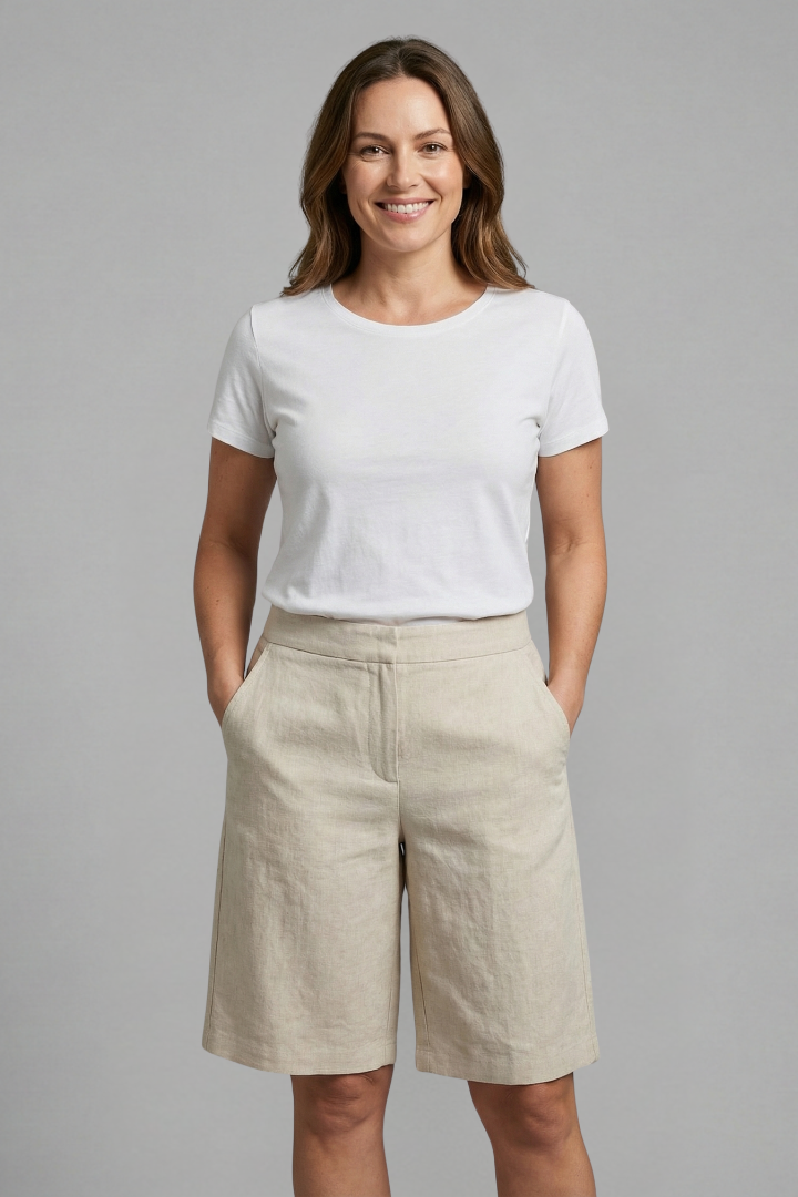 Damen-Shorts mit hoher Taille, knielang mit schrägen Taschen
