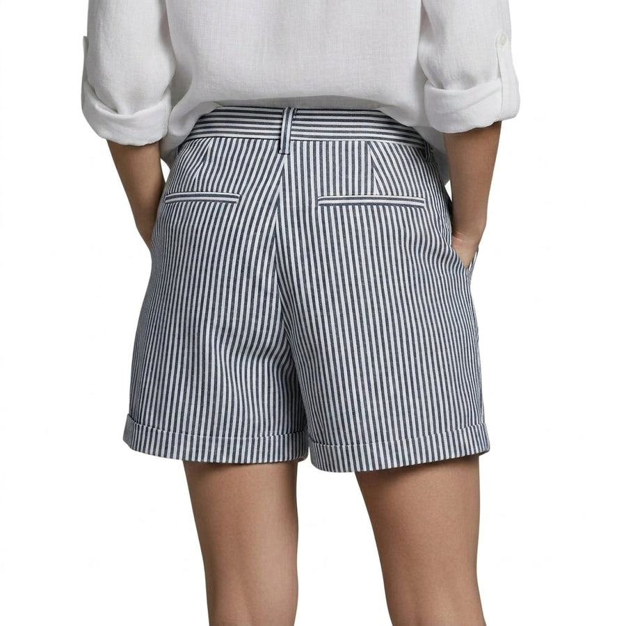 Damen Shorts mit vertikalen Streifen und hoher Taille und umgeschlagenem Saum und Gürtelschlaufen