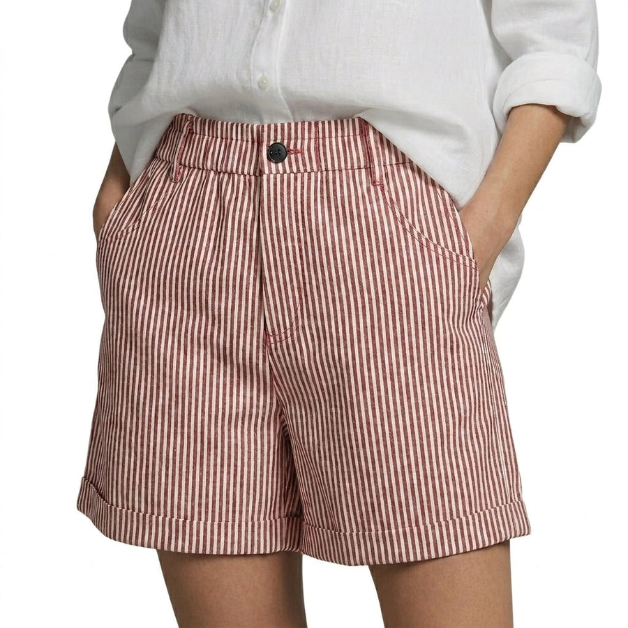 Damen Shorts mit vertikalen Streifen und hoher Taille und umgeschlagenem Saum und Gürtelschlaufen