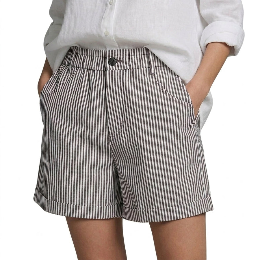 Damen Shorts mit vertikalen Streifen und hoher Taille und umgeschlagenem Saum und Gürtelschlaufen