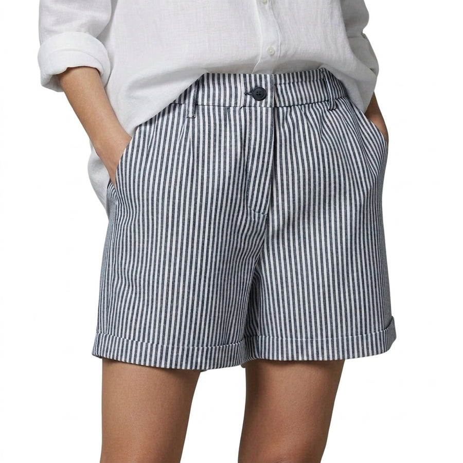 Damen Shorts mit vertikalen Streifen und hoher Taille und umgeschlagenem Saum und Gürtelschlaufen