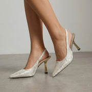 Damen-Slingback-Pumps mit spitzer Zehenpartie und gemustertem Obermaterial