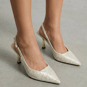 Damen-Slingback-Pumps mit spitzer Zehenpartie und gemustertem Obermaterial