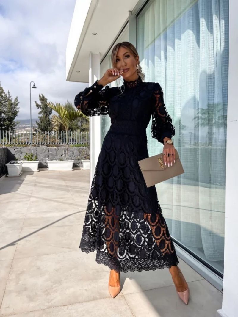 Damen Spitzen-Midikleid mit langen Ärmeln und hohem Kragen