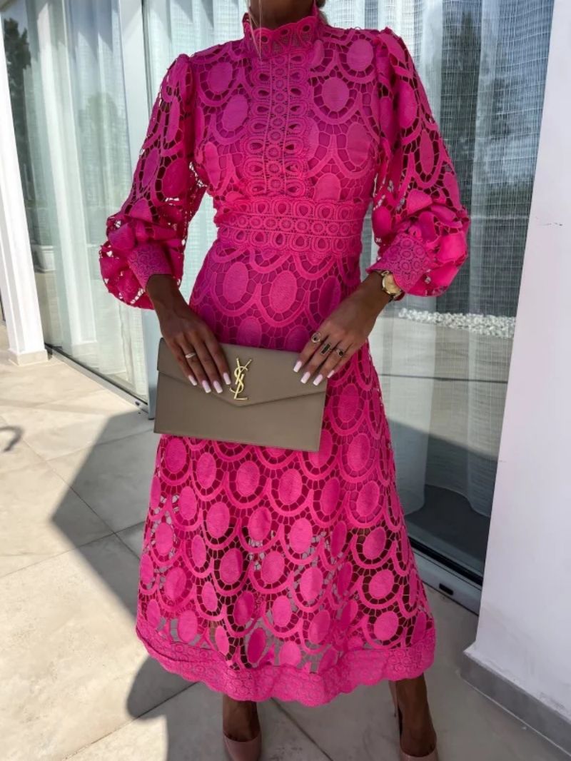 Damen Spitzen-Midikleid mit langen Ärmeln und hohem Kragen