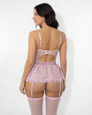 Johanna | Damen Spitzen-Rüschen Bustier Body mit Strumpfhalter-Riemen