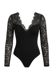 Damen Spitzenärmel Bodybluse mit tiefem Ausschnitt