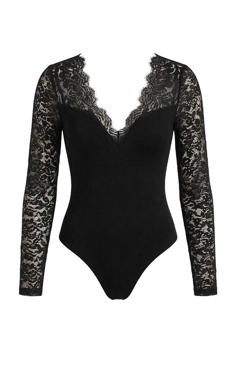 Damen Spitzenärmel Bodybluse mit tiefem Ausschnitt
