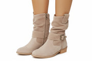 Damen Stiefel mit mittlerer Schafthöhe, Riemendetail und seitlichem Reißverschluss
