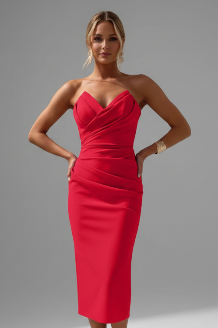 Damen Strapless Wrap-Front Midi Kleid