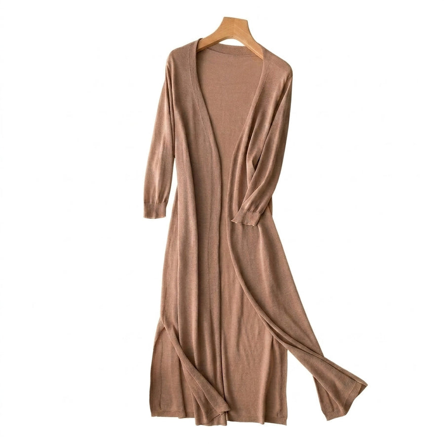 Damen-Strickjacke in langer Form mit offener Vorderseite und Seitenschlitzen