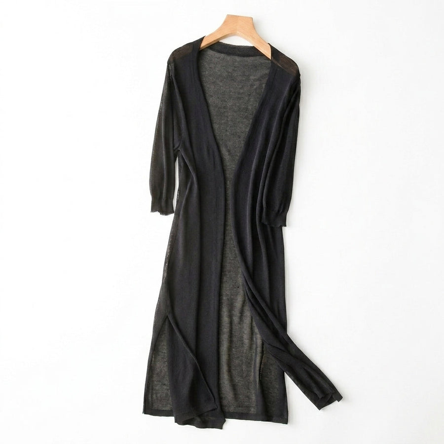 Damen-Strickjacke in langer Form mit offener Vorderseite und Seitenschlitzen
