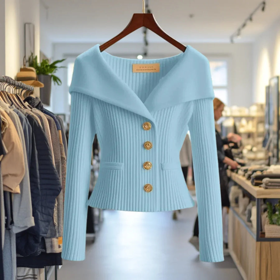 Damen Strickjacke mit breitem Kragen und Knöpfen