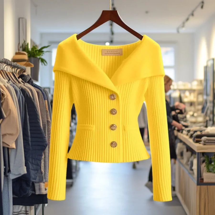 Damen Strickjacke mit breitem Kragen und Knöpfen