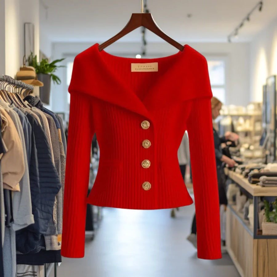 Damen Strickjacke mit breitem Kragen und Knöpfen