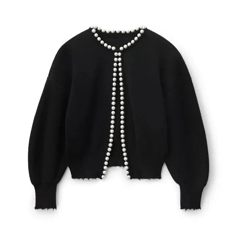 Damen Strickjacke mit Perlenverzierung und Ballonärmeln
