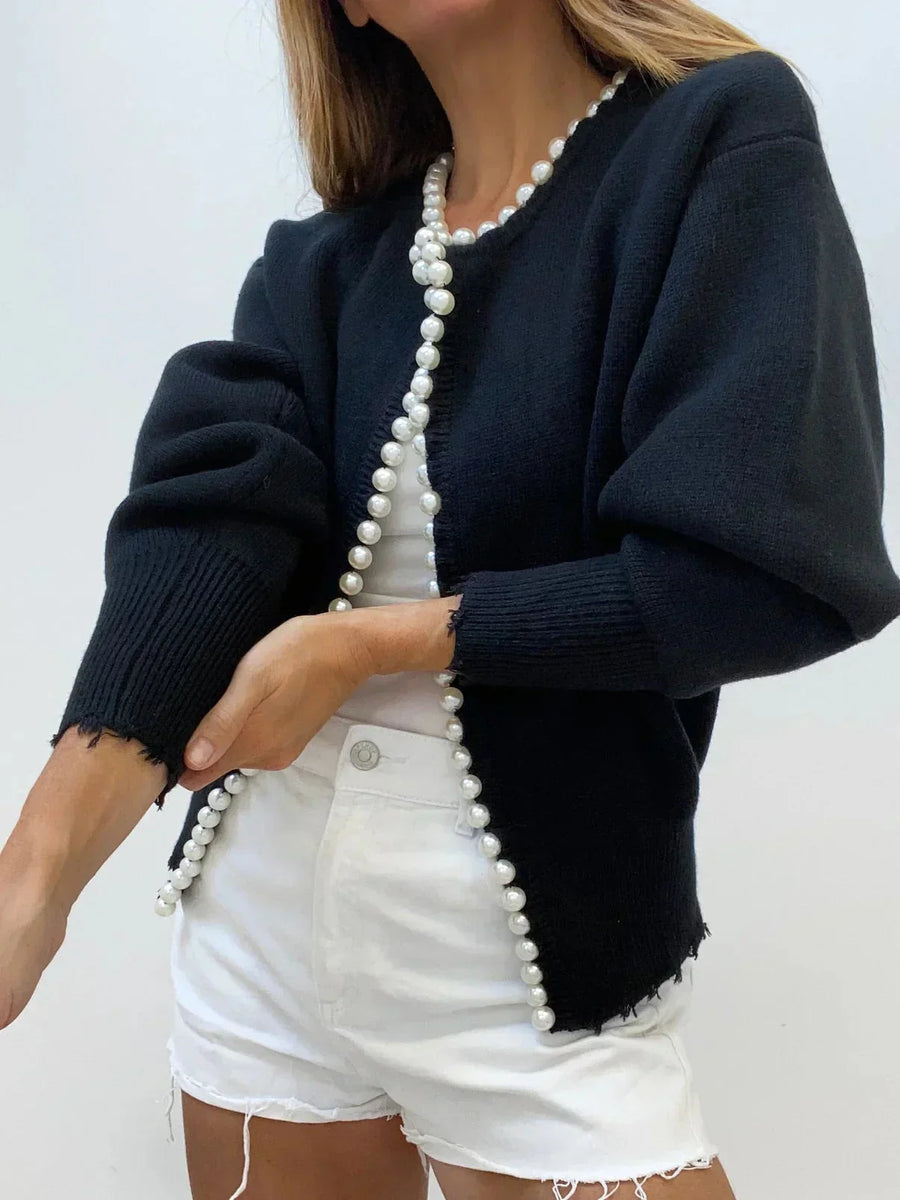 Damen Strickjacke mit Perlenverzierung und Ballonärmeln