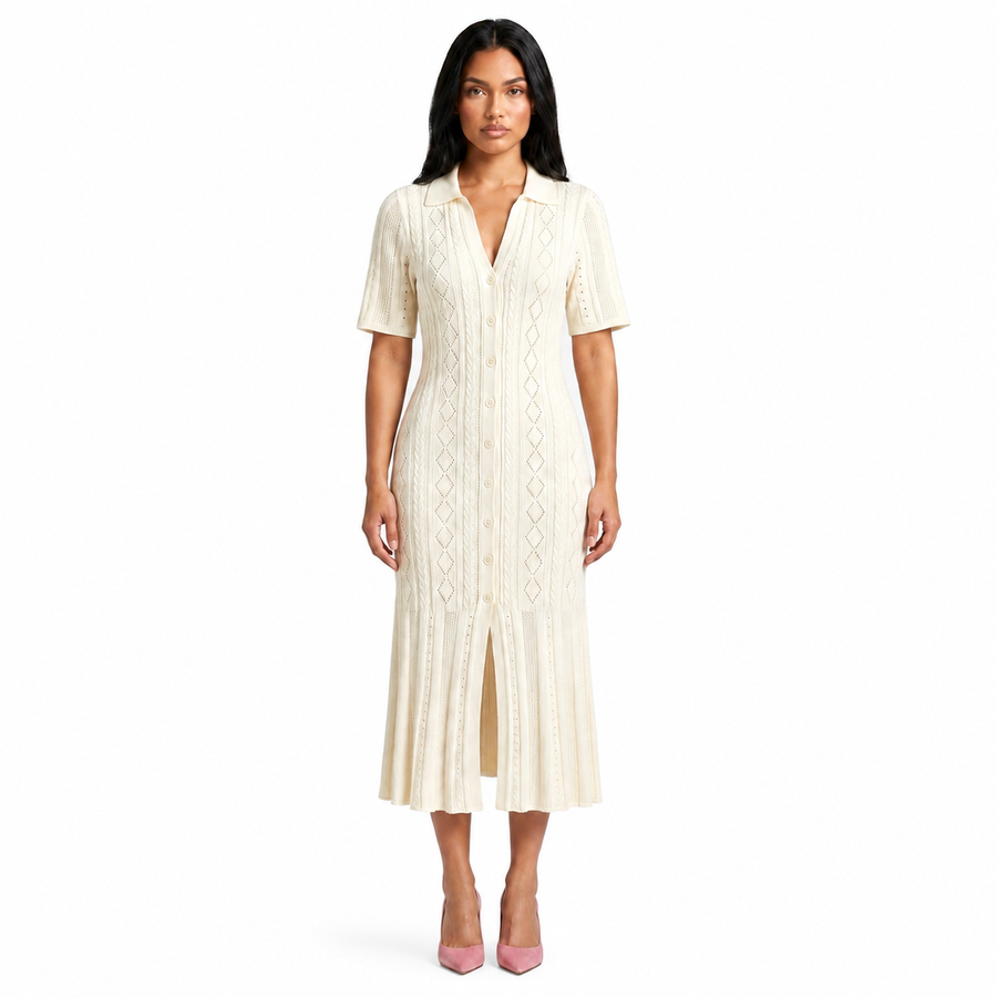 Damen-Strickkleid mit Kragen und Knopfleiste