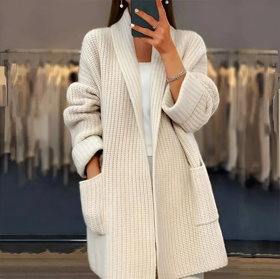 Damen Lange Strickjacke mit Rippenmuster und Schalkragen