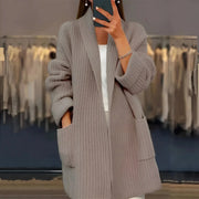 Damen Lange Strickjacke mit Rippenmuster und Schalkragen