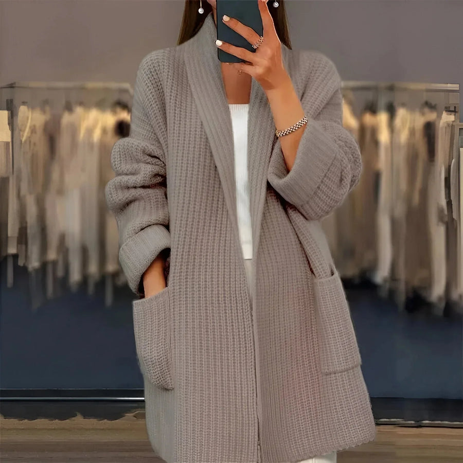Damen Lange Strickjacke mit Rippenmuster und Schalkragen